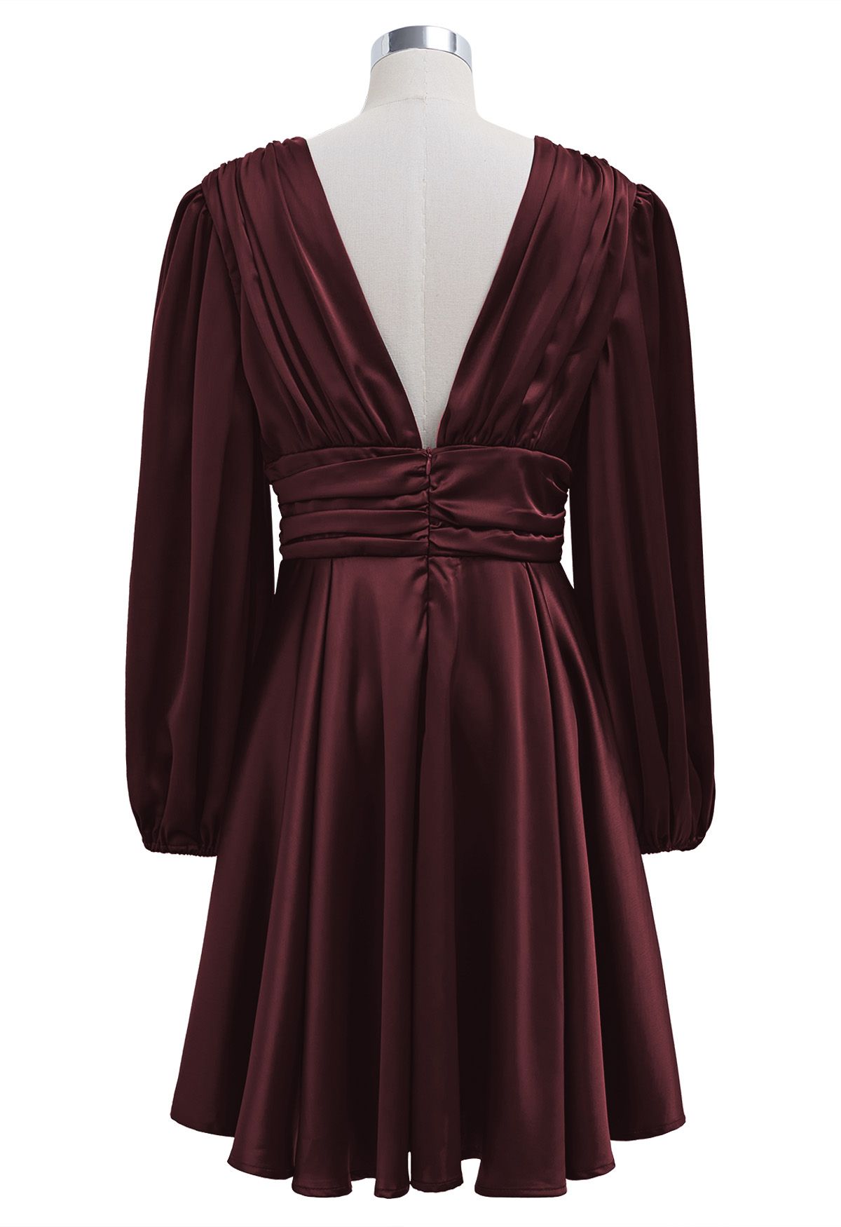 Plunging V-Neck Ruched Waist Satin Dress in Burgundy - Retro, Indie and ...