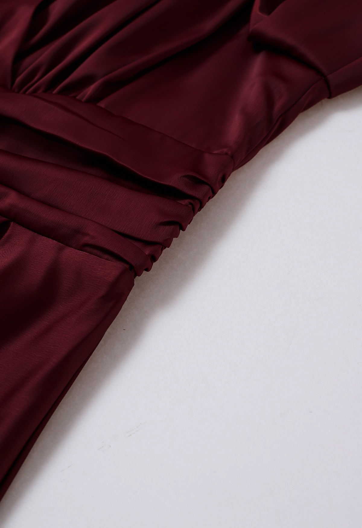 Plunging V-Neck Ruched Waist Satin Dress in Burgundy