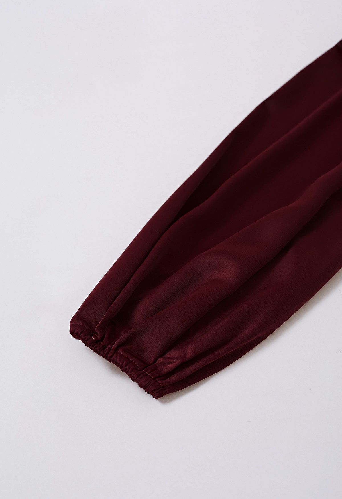 Plunging V-Neck Ruched Waist Satin Dress in Burgundy