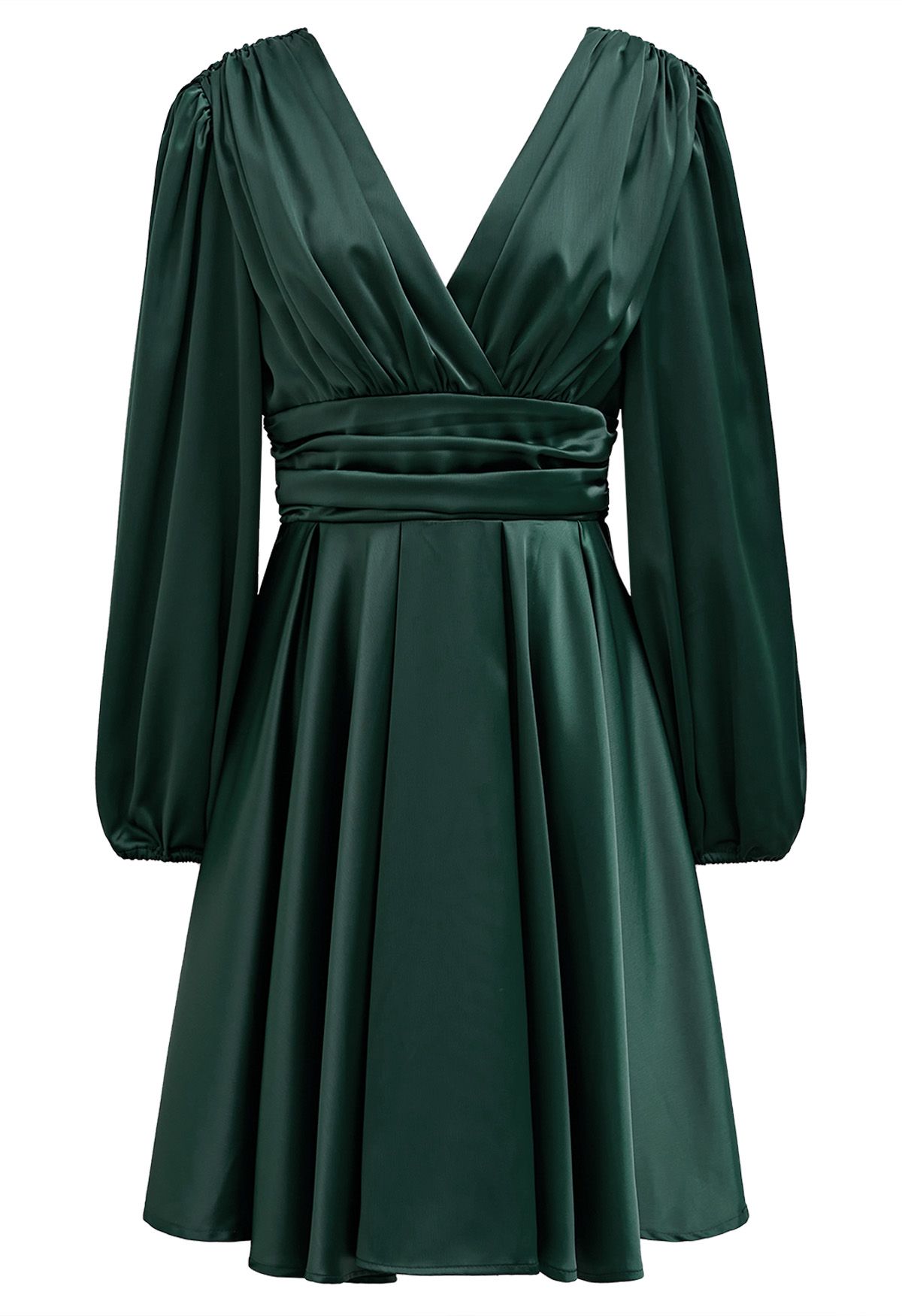 Plunging V-Neck Ruched Waist Satin Dress in Emerald - Retro, Indie and  Unique Fashion