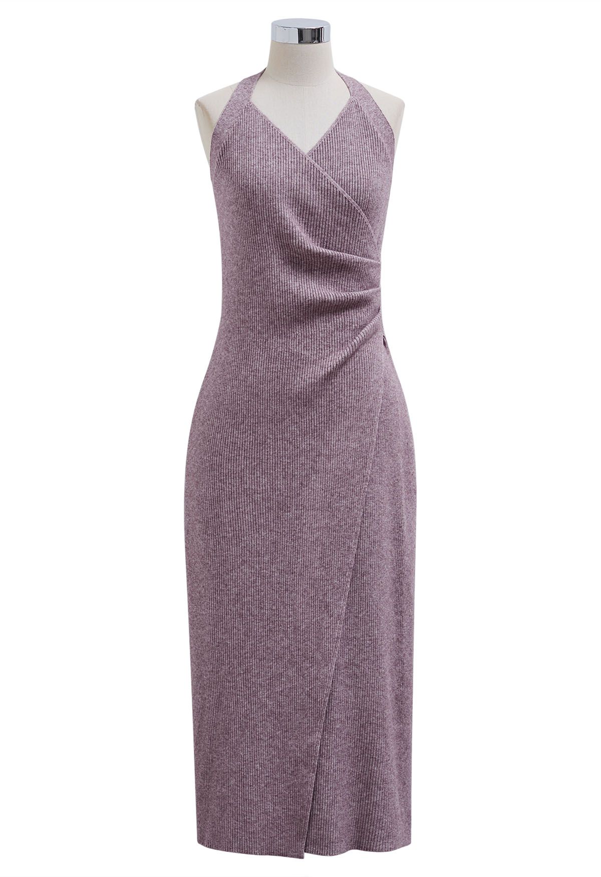 Crisscross Halter Neck Ruched Knit Dress and Shrug Set in Purple