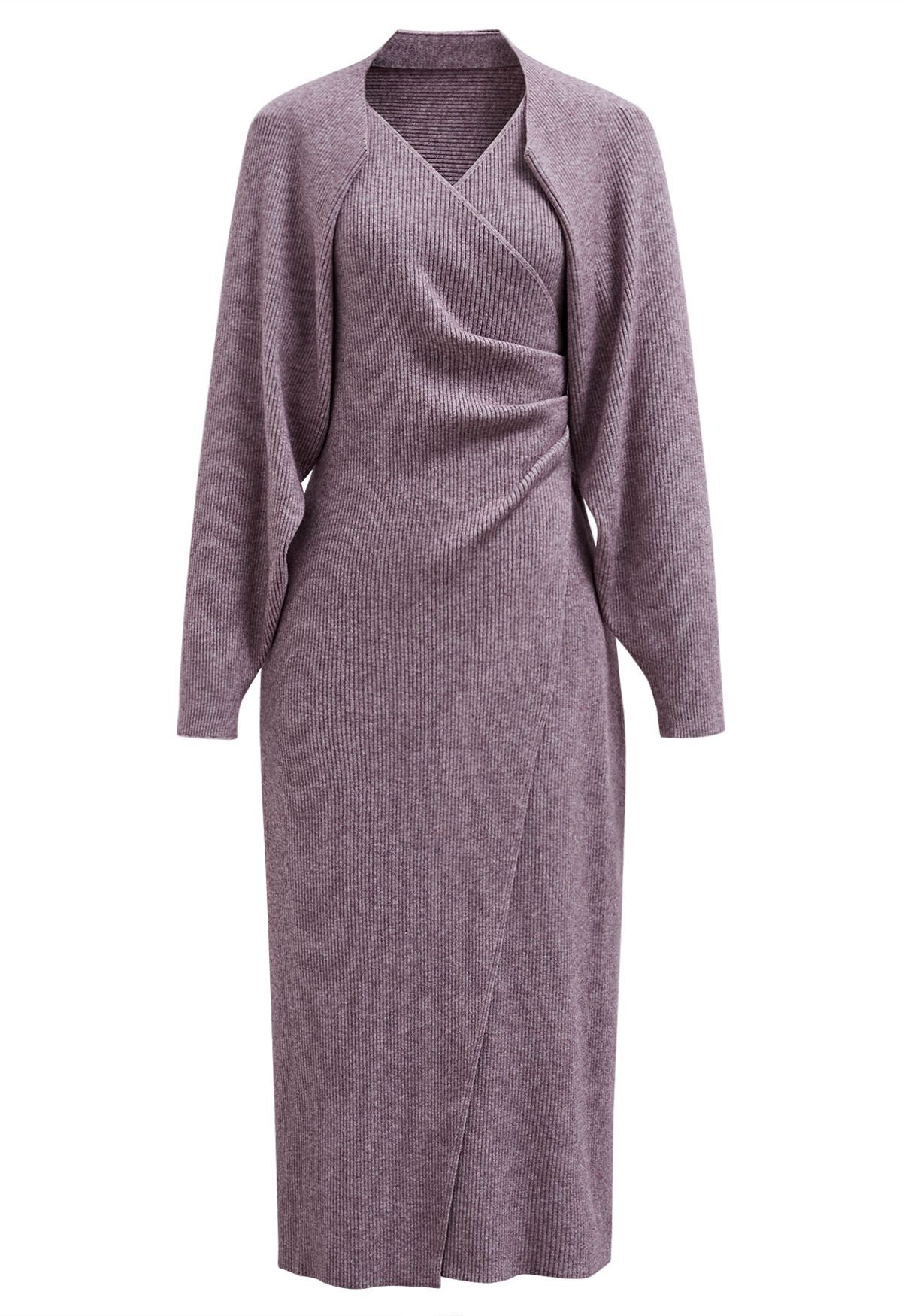 Crisscross Halter Neck Ruched Knit Dress and Shrug Set in Purple