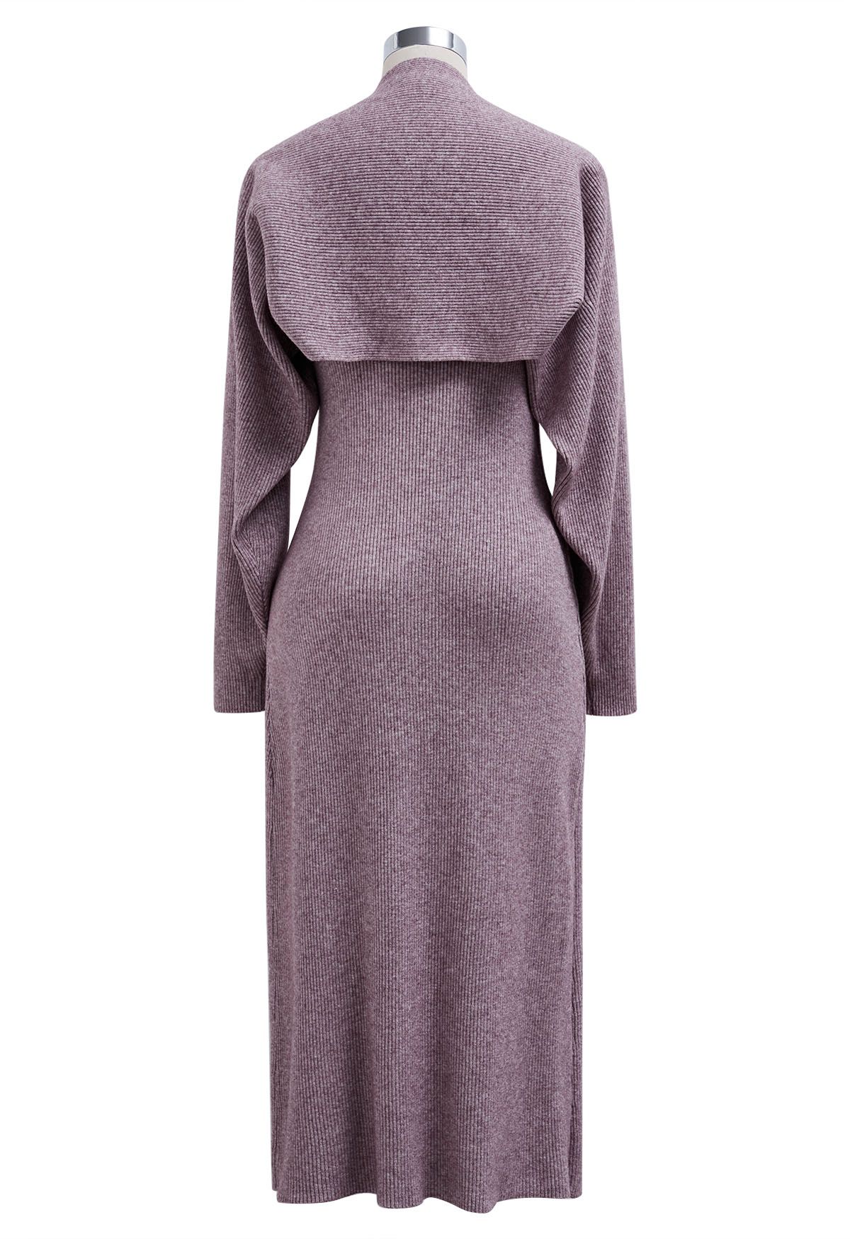 Crisscross Halter Neck Ruched Knit Dress and Shrug Set in Purple