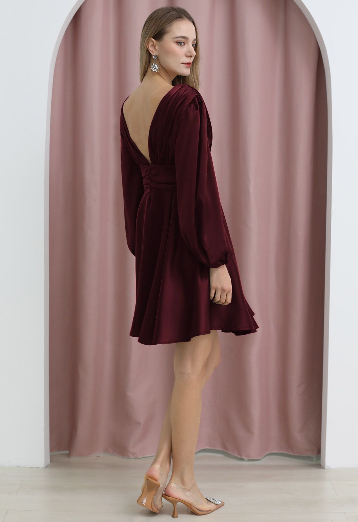 Plunging V-Neck Ruched Waist Satin Dress in Burgundy