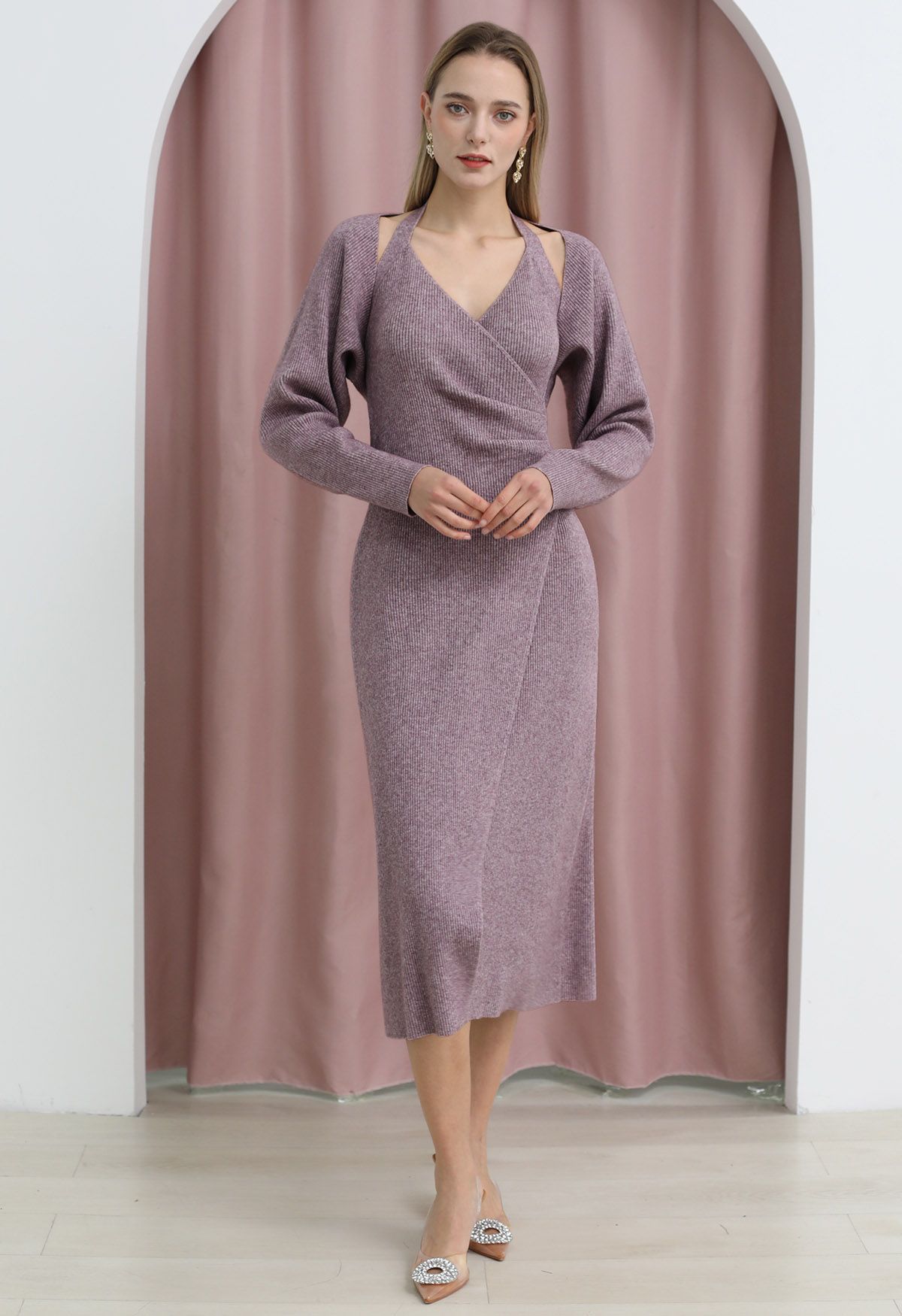 Crisscross Halter Neck Ruched Knit Dress and Shrug Set in Purple