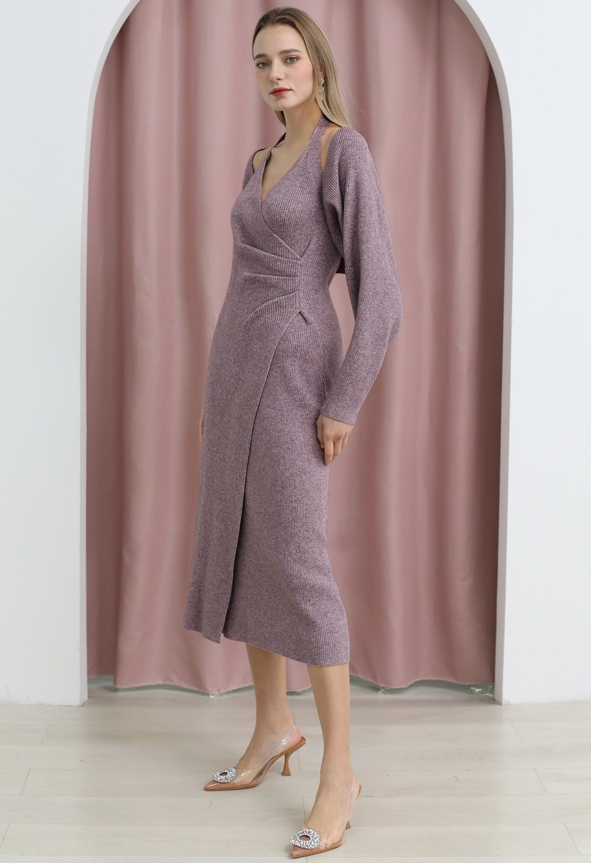 Crisscross Halter Neck Ruched Knit Dress and Shrug Set in Purple