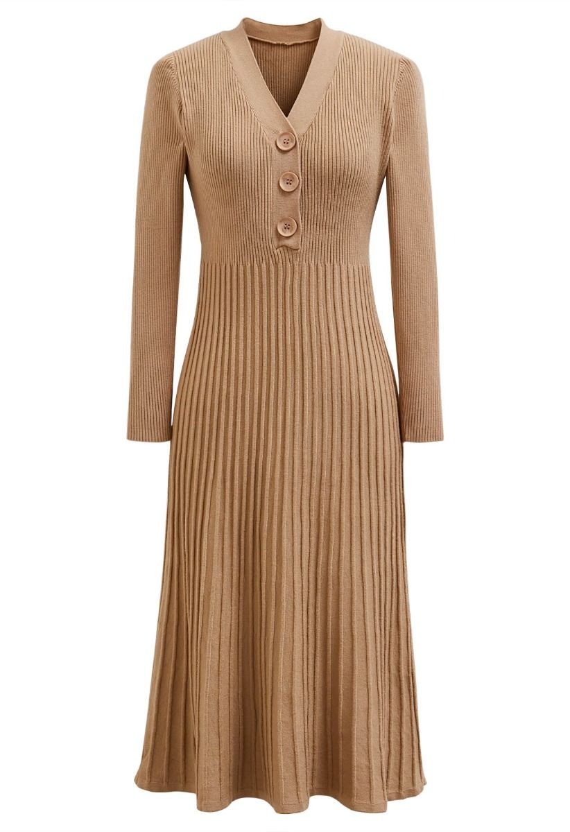 Button Detail Ribbed Knit Dress in Camel