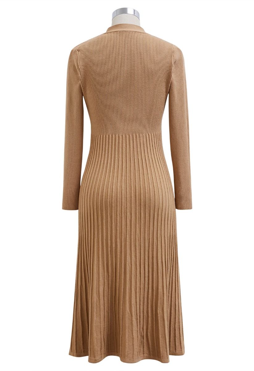 Button Detail Ribbed Knit Dress in Camel