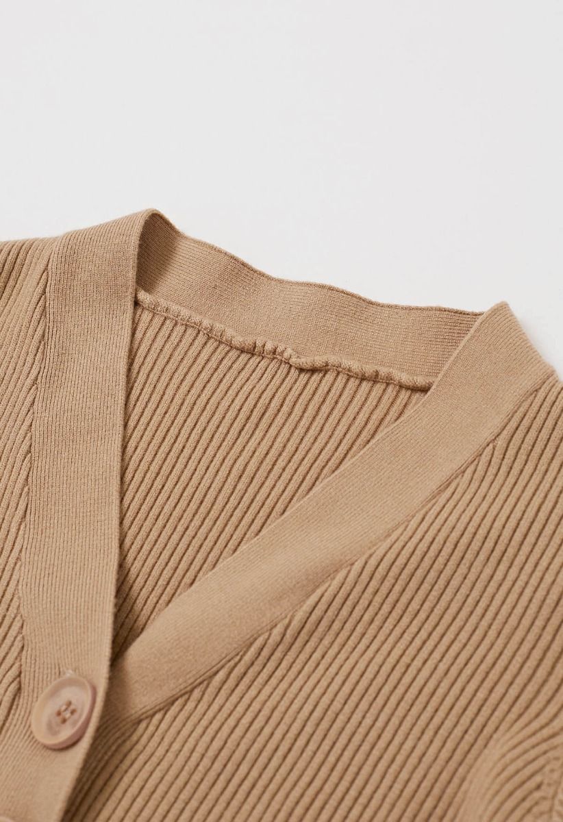 Button Detail Ribbed Knit Dress in Camel