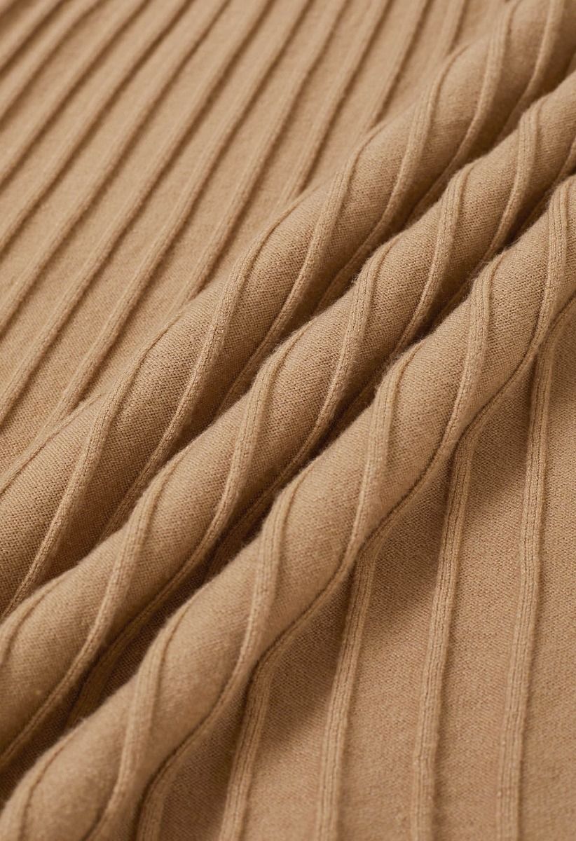 Button Detail Ribbed Knit Dress in Camel