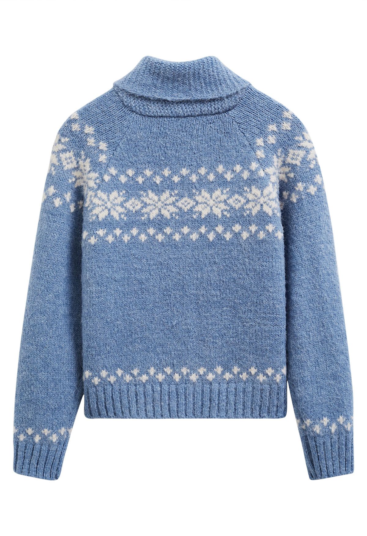 Fair Isle Zipper Knit Sweater in Blue