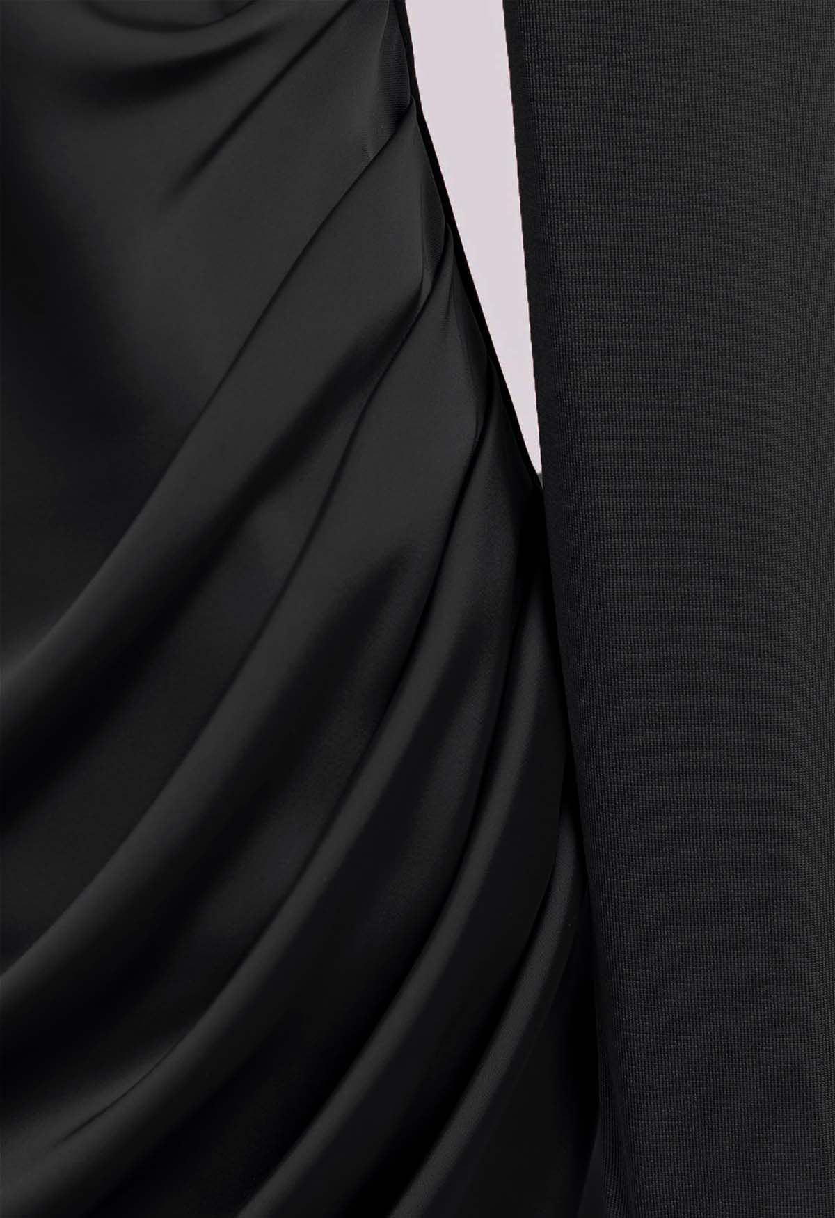 Velvet Spliced Asymmetric Hem Satin Dress in Black