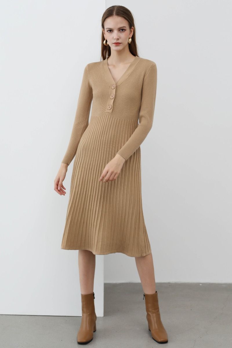 Button Detail Ribbed Knit Dress in Camel