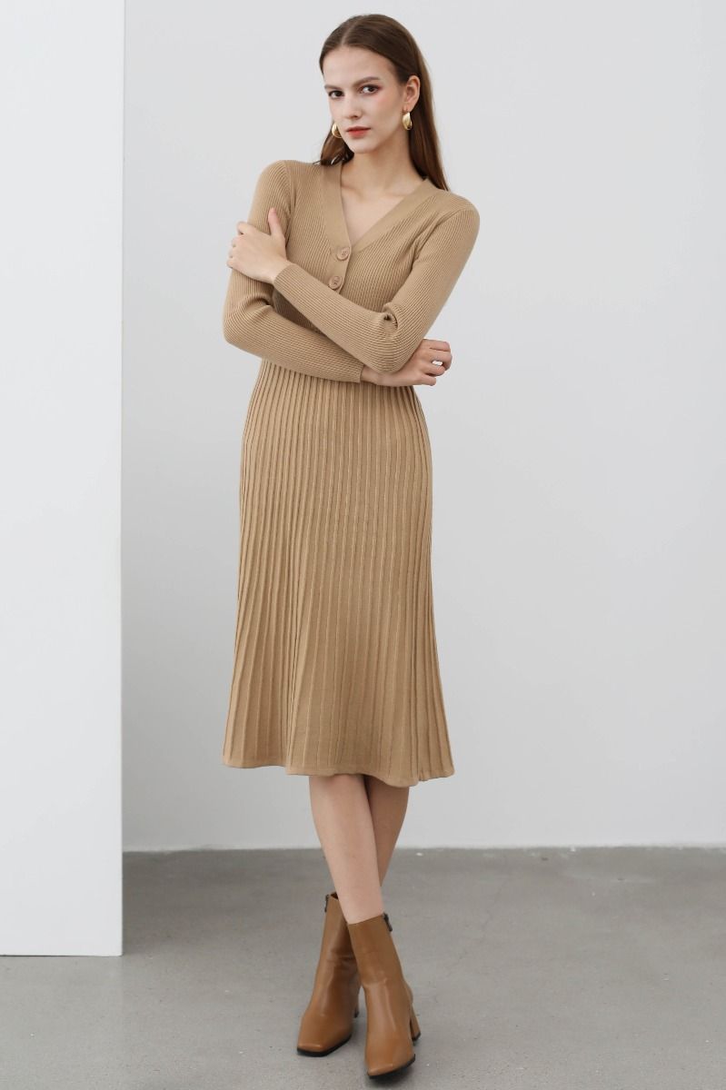 Button Detail Ribbed Knit Dress in Camel