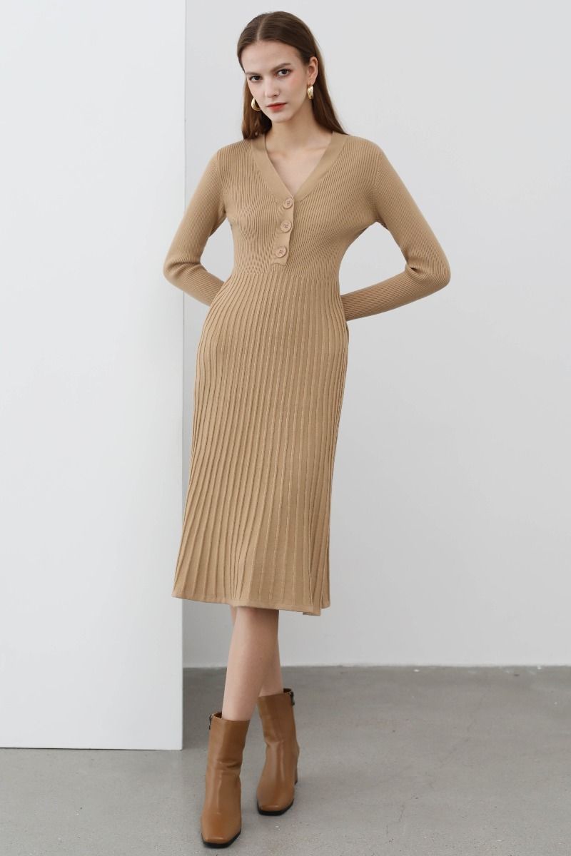 Button Detail Ribbed Knit Dress in Camel