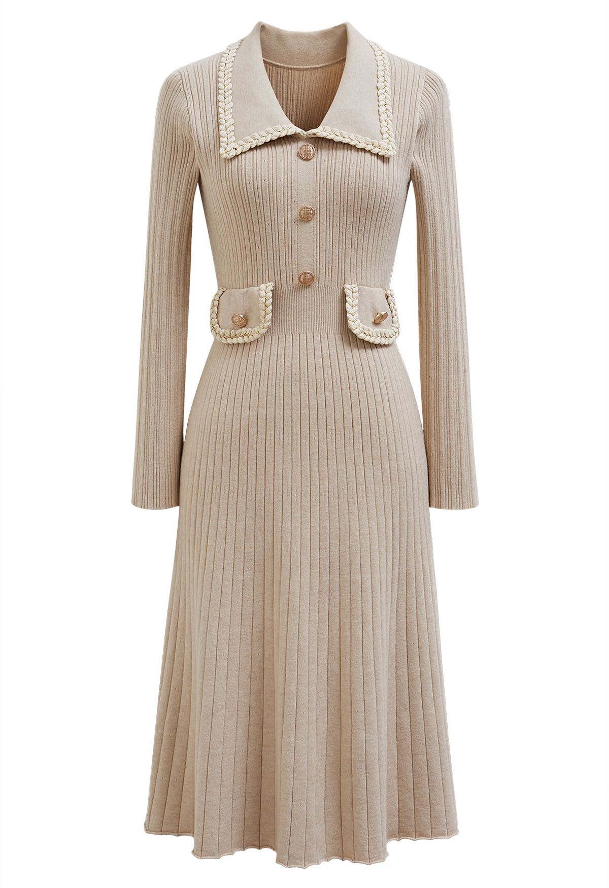 Collared Braided Edge Knit Midi Dress in Oatmeal