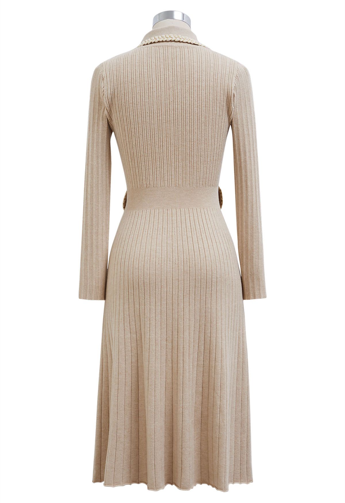 Collared Braided Edge Knit Midi Dress in Oatmeal