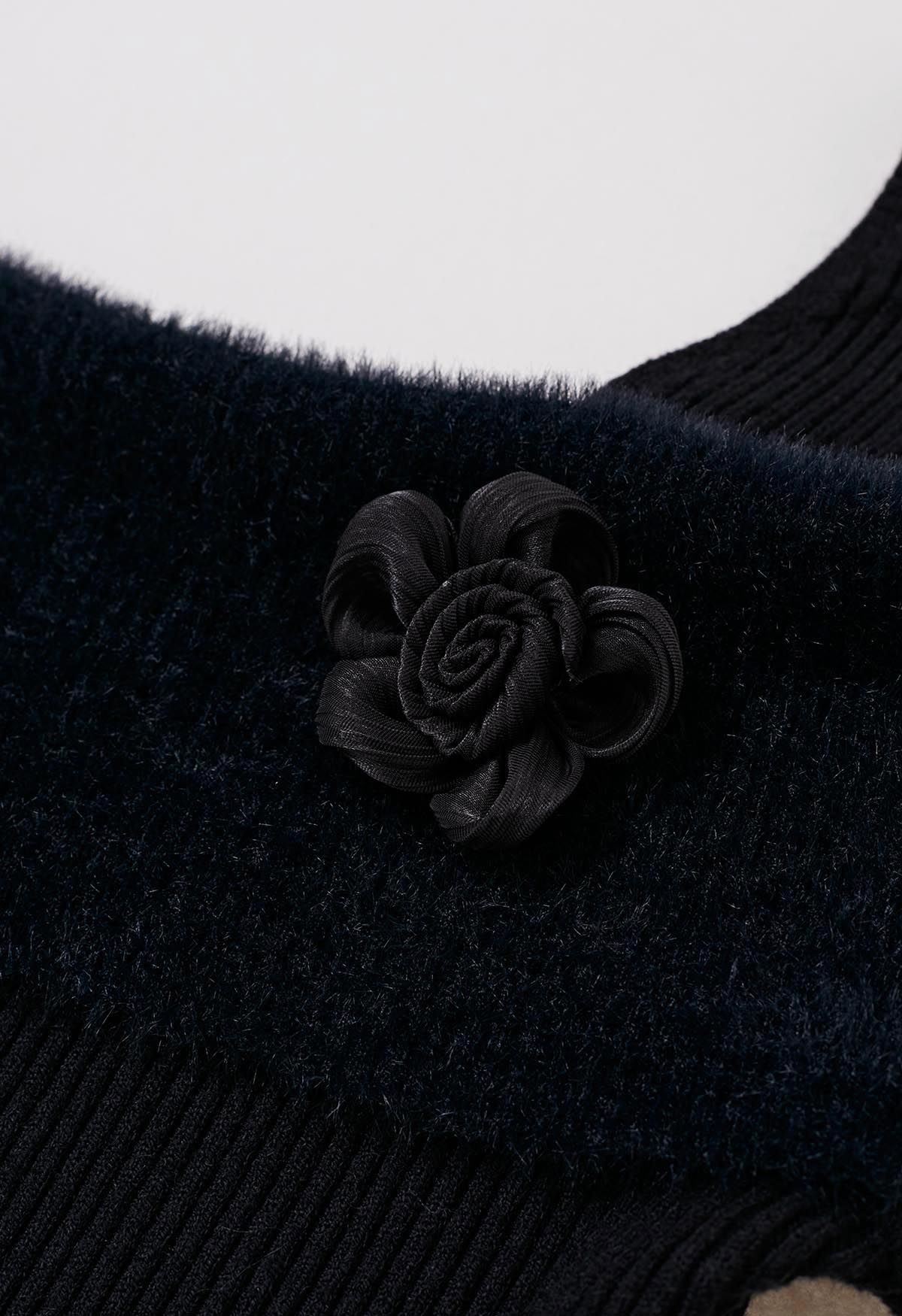 Folded Shoulder Flower Brooch Knit Top in Black