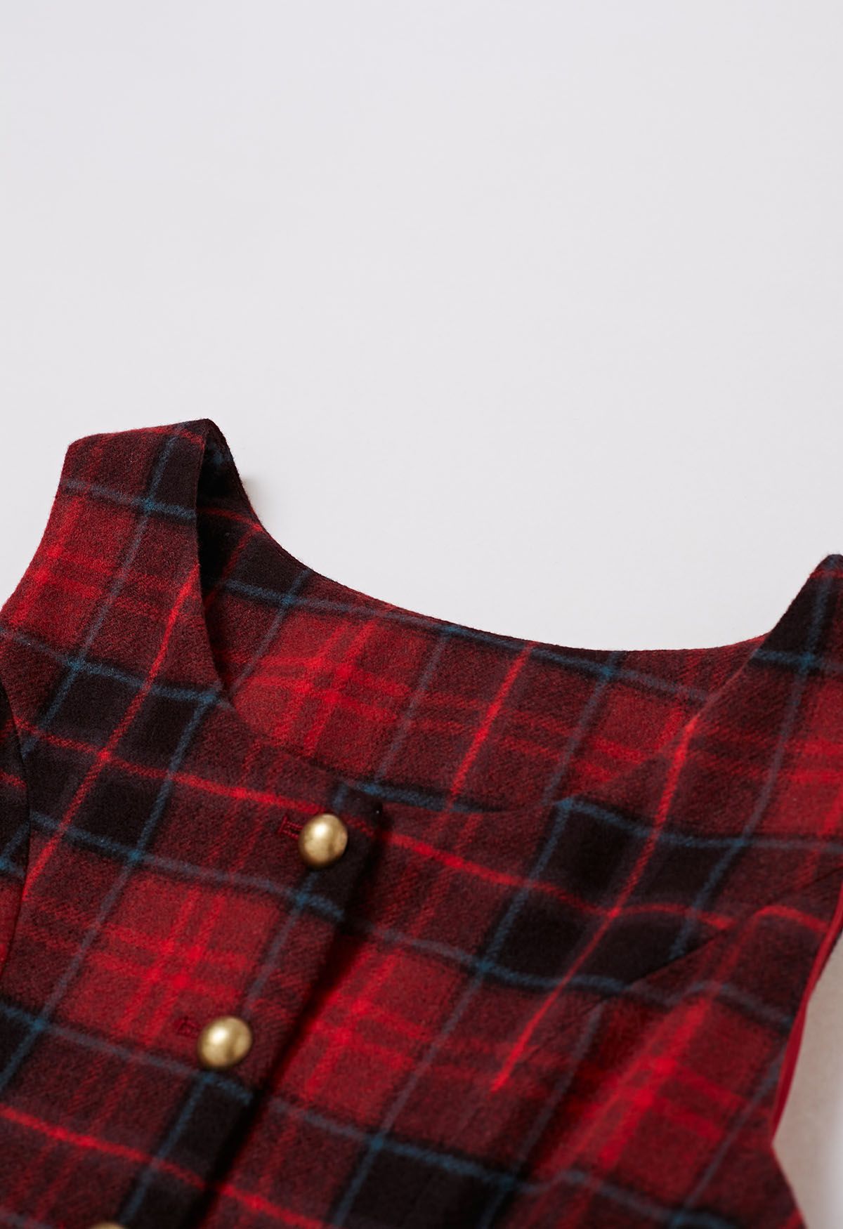 Red Tartan Golden Button Wool-Blend Sleeveless Dress