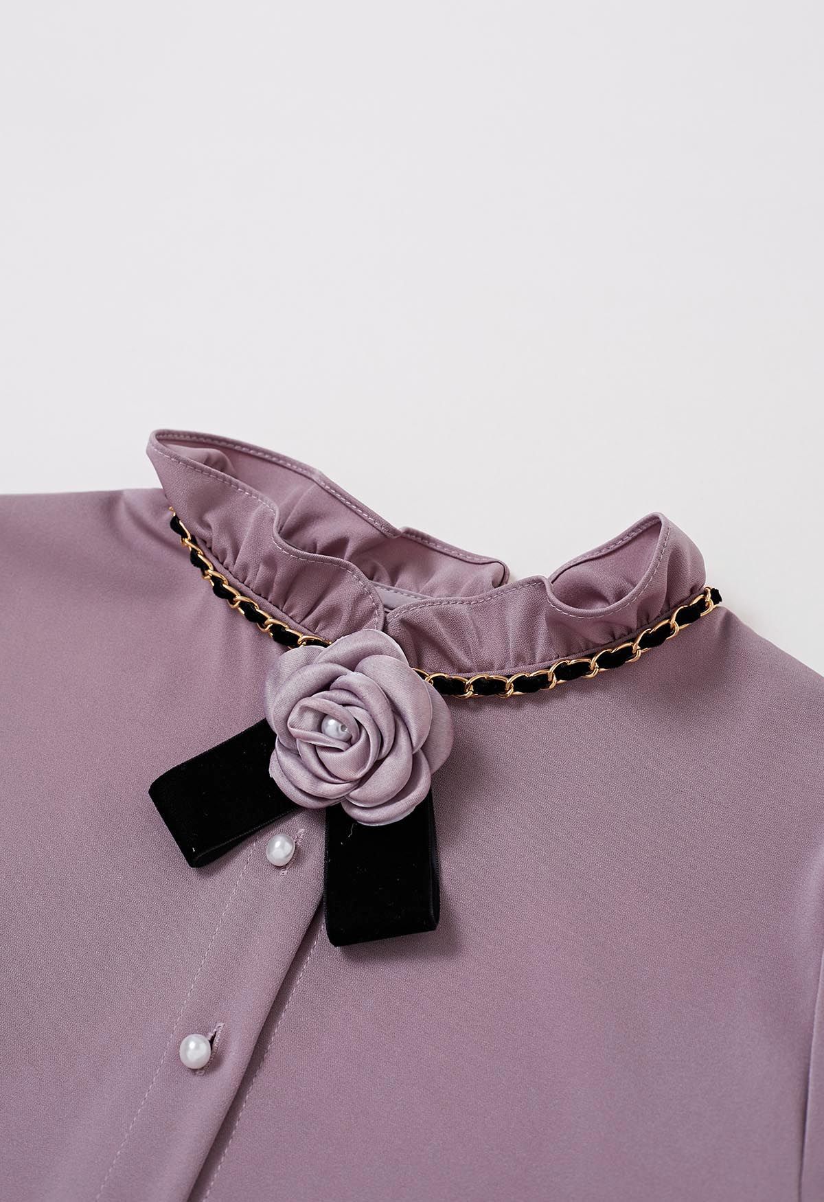 Pearly Rose Chain Ruffle Neckline Buttoned Shirt in Purple