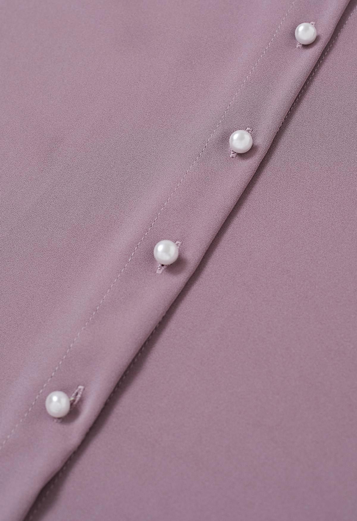 Pearly Rose Chain Ruffle Neckline Buttoned Shirt in Purple