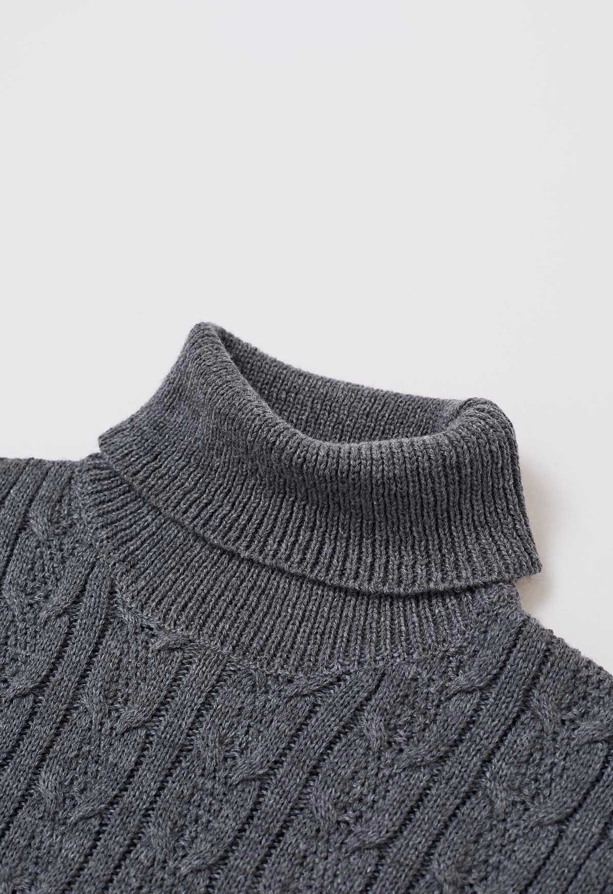 Turtleneck Cable Knit Sleeveless Sweater Dress in Grey