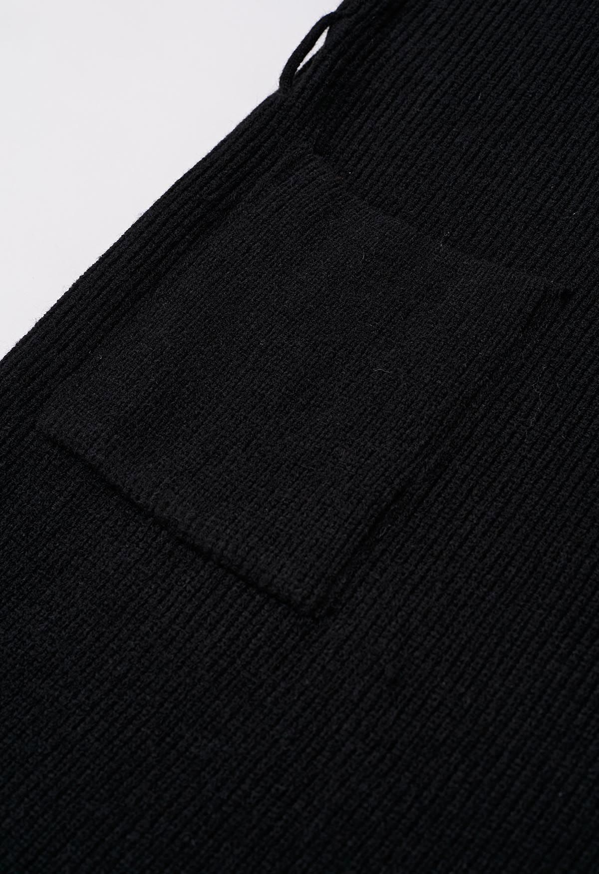 Wide Lapel Tie Waist Longline Knit Cardigan in Black