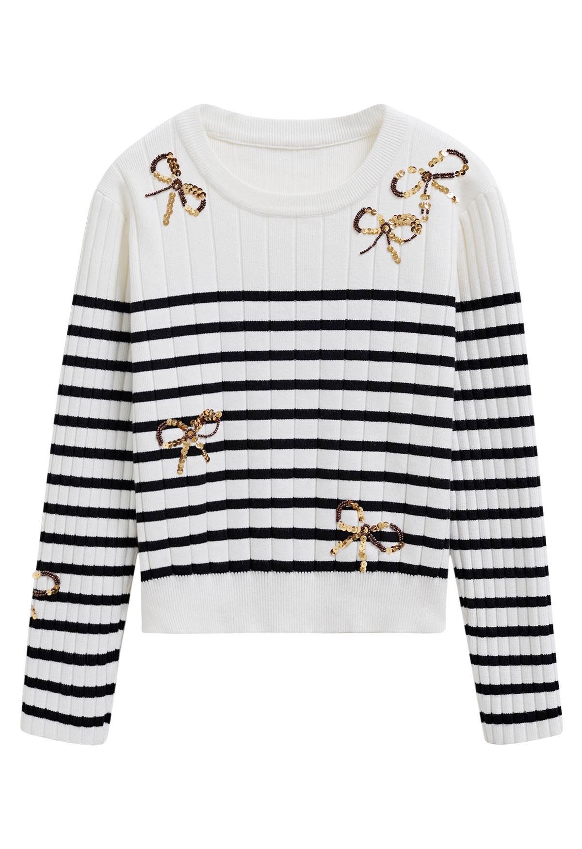 Sequin Beaded Bowknot Striped Knit Sweater in White