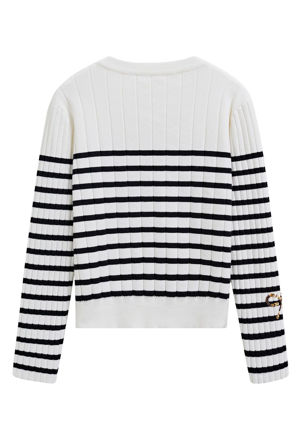 Sequin Beaded Bowknot Striped Knit Sweater in White