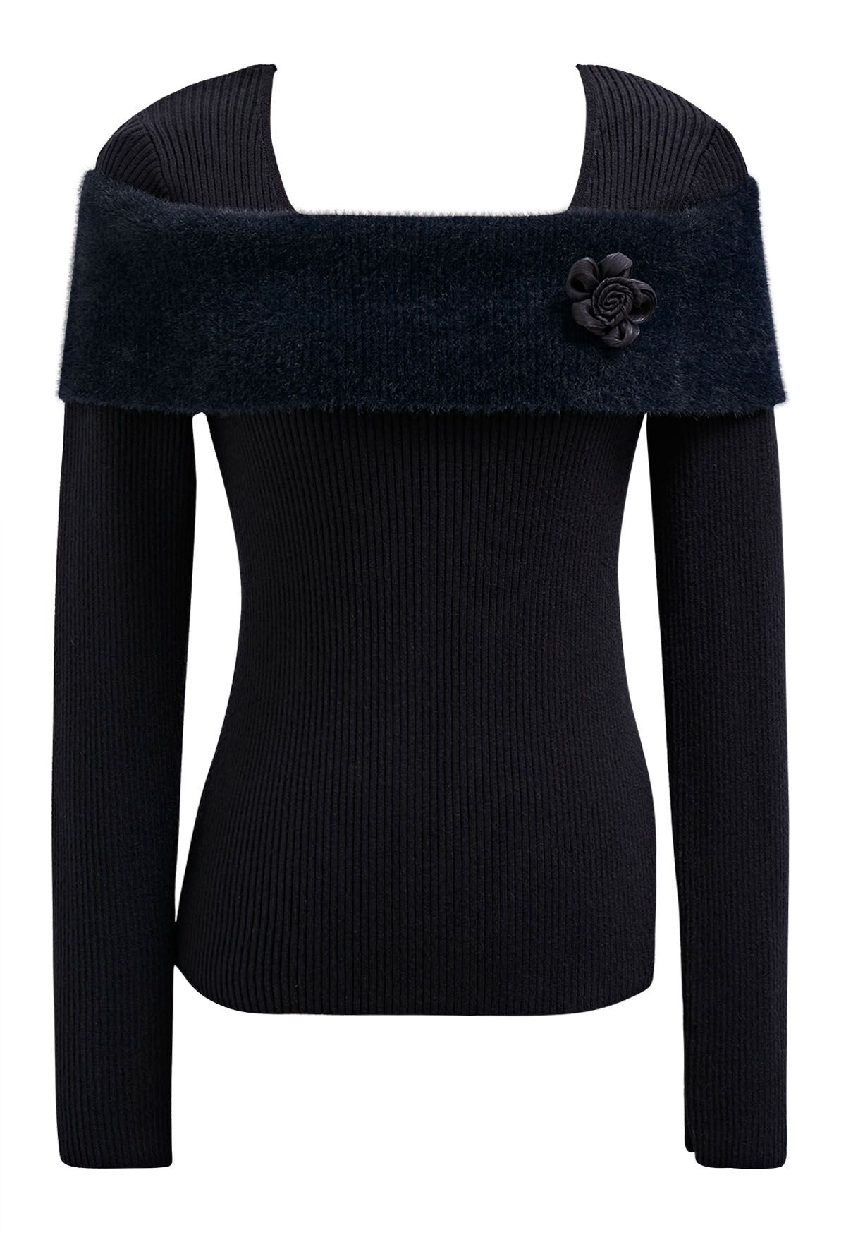 Folded Shoulder Flower Brooch Knit Top in Black