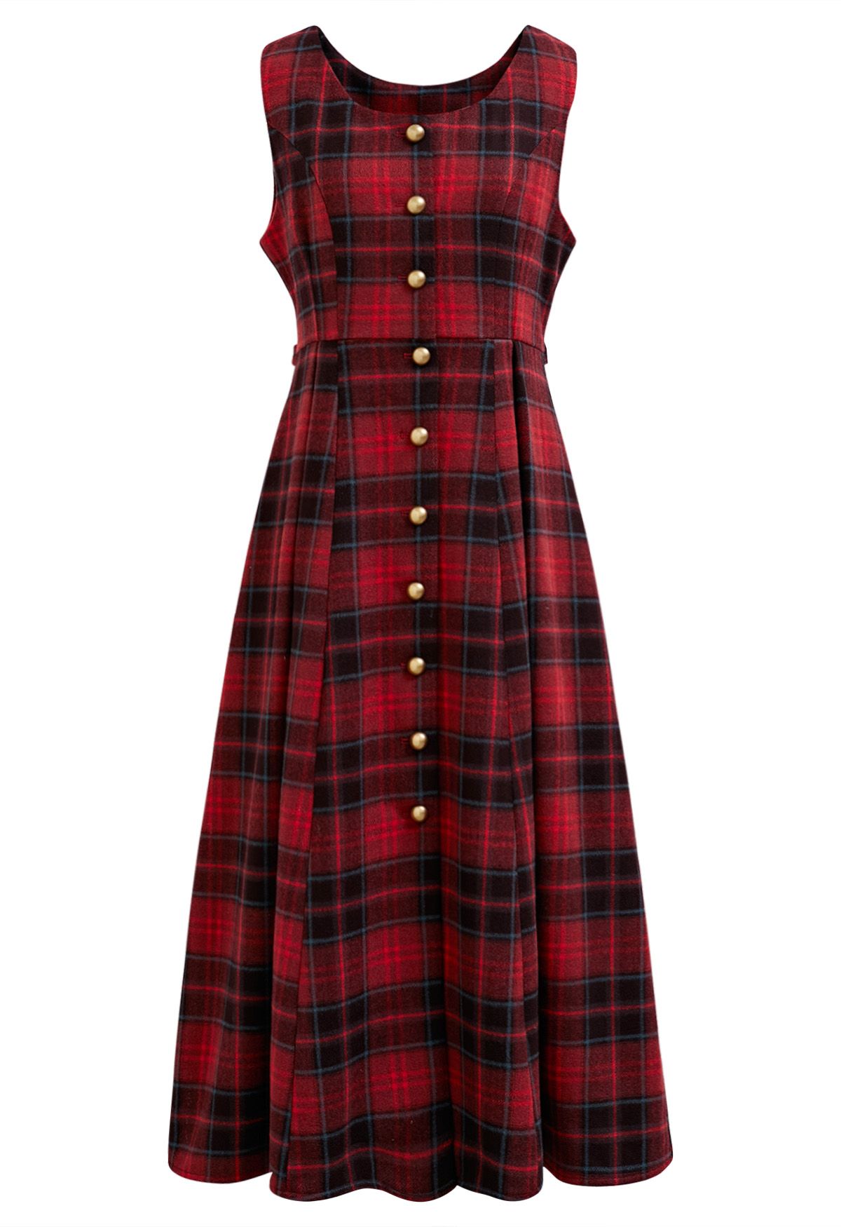 Red Tartan Golden Button Wool-Blend Sleeveless Dress