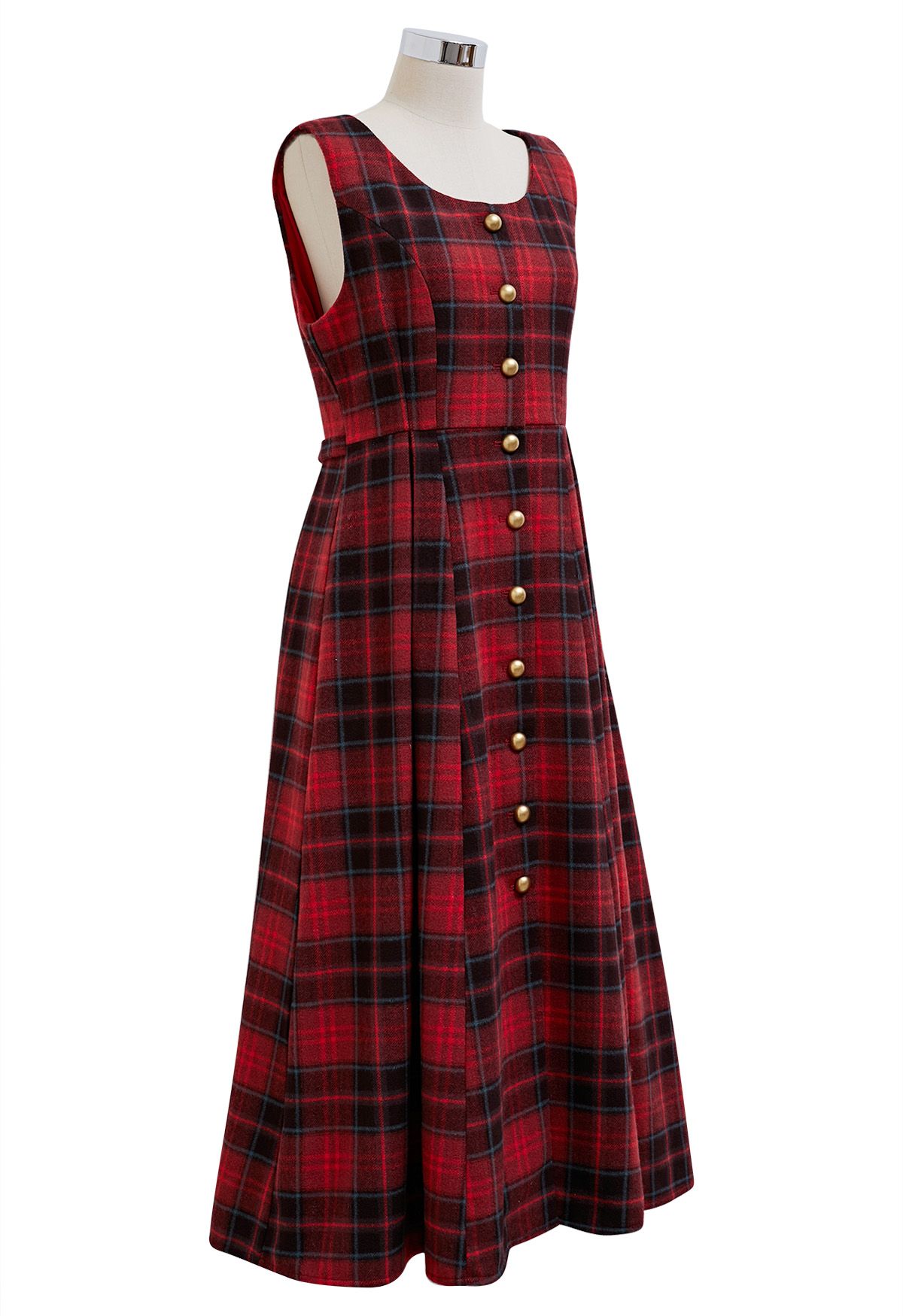 Red Tartan Golden Button Wool-Blend Sleeveless Dress