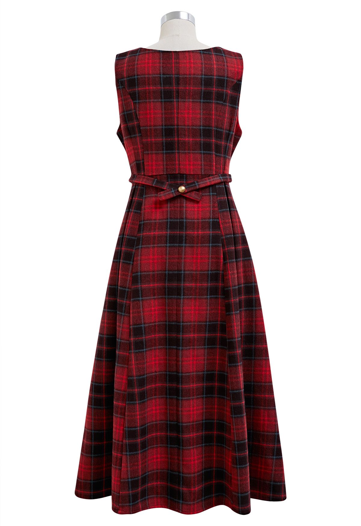 Red Tartan Golden Button Wool-Blend Sleeveless Dress