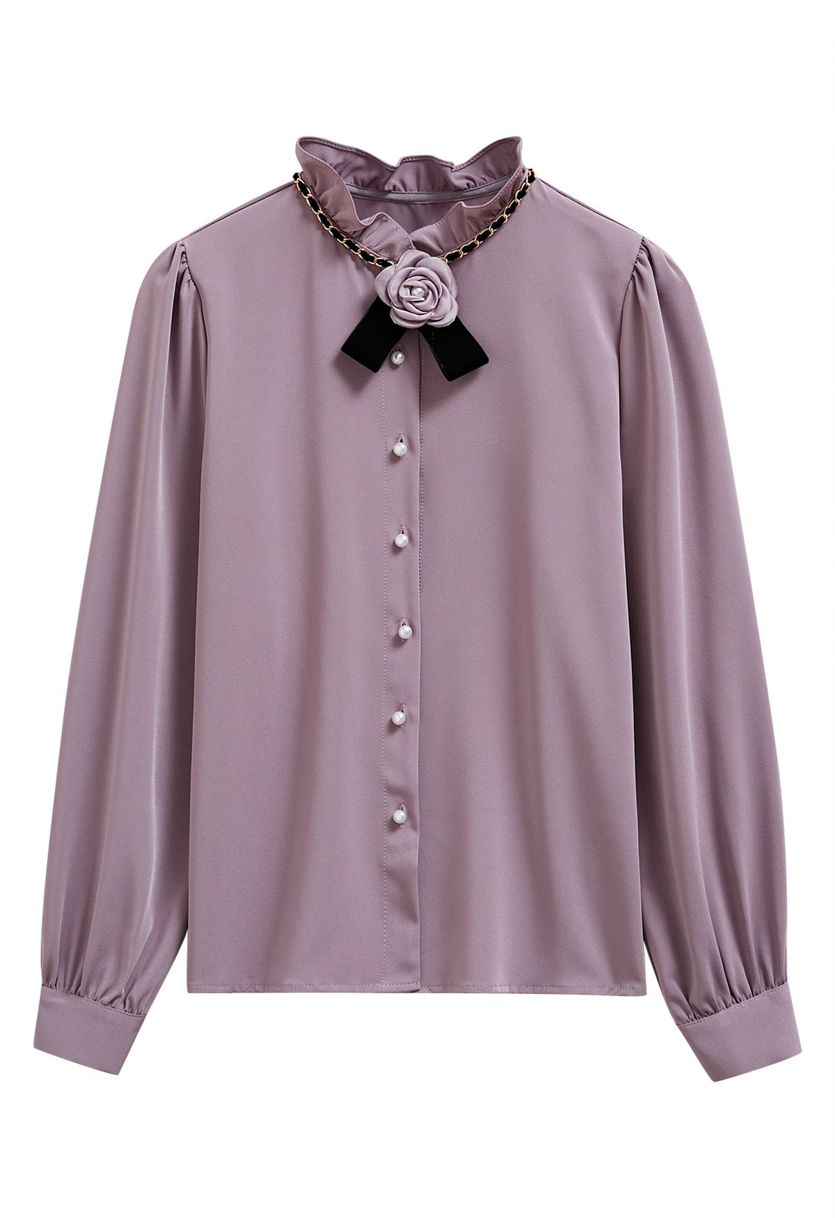 Pearly Rose Chain Ruffle Neckline Buttoned Shirt in Purple