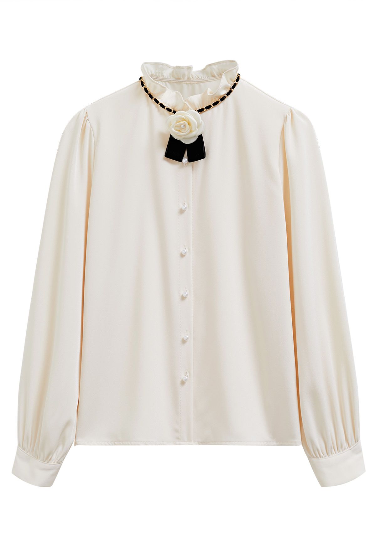 Pearly Rose Chain Ruffle Neckline Buttoned Shirt in Cream - Retro, Indie  and Unique Fashion