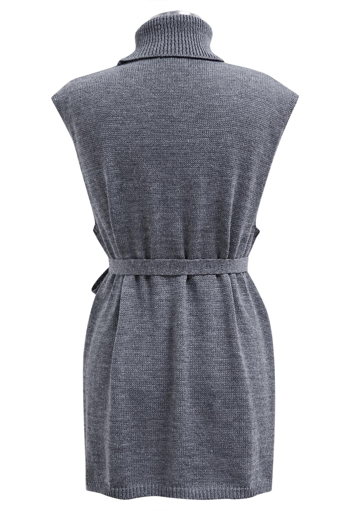 Turtleneck Cable Knit Sleeveless Sweater Dress in Grey