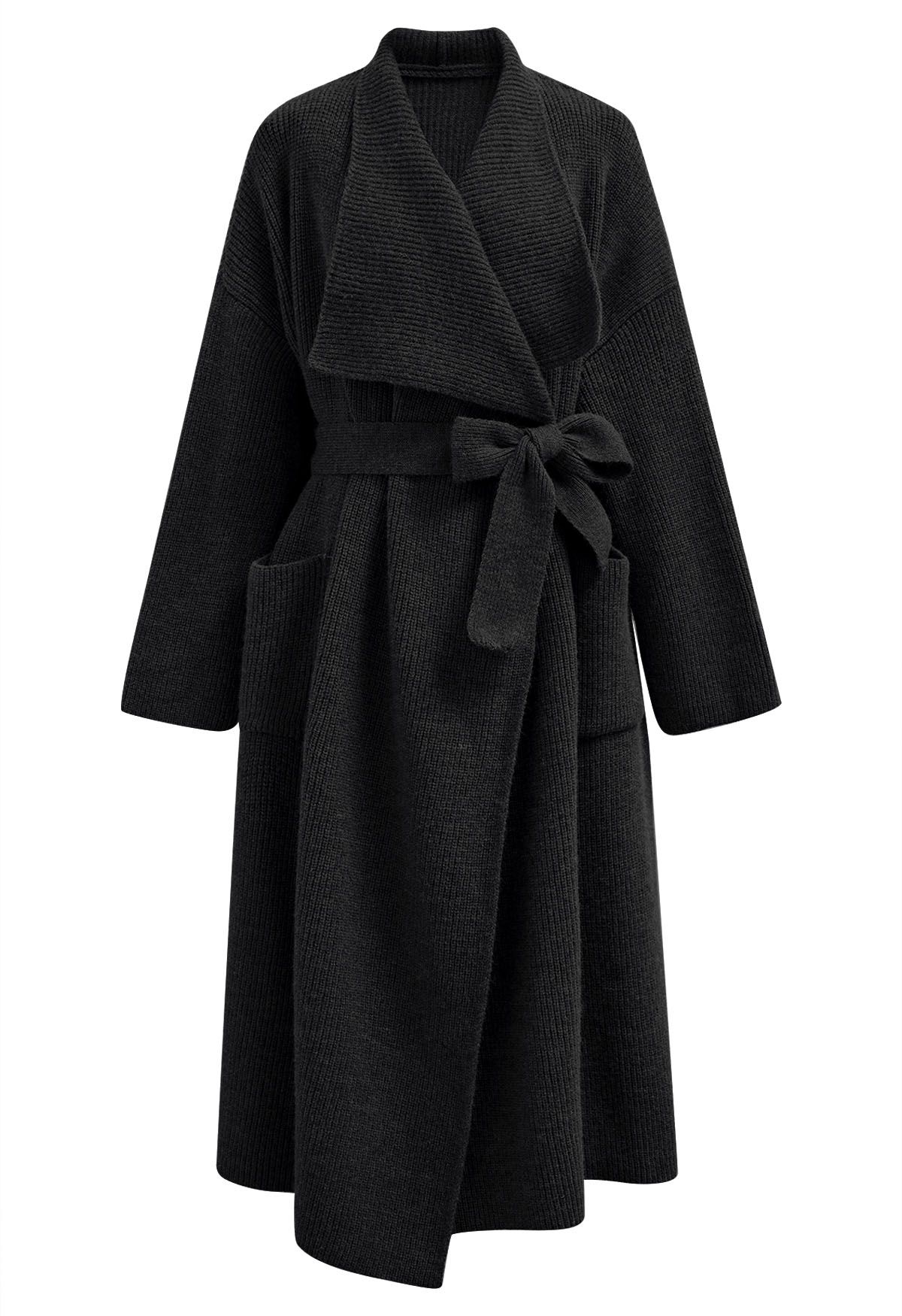 Wide Lapel Tie Waist Longline Knit Cardigan in Black