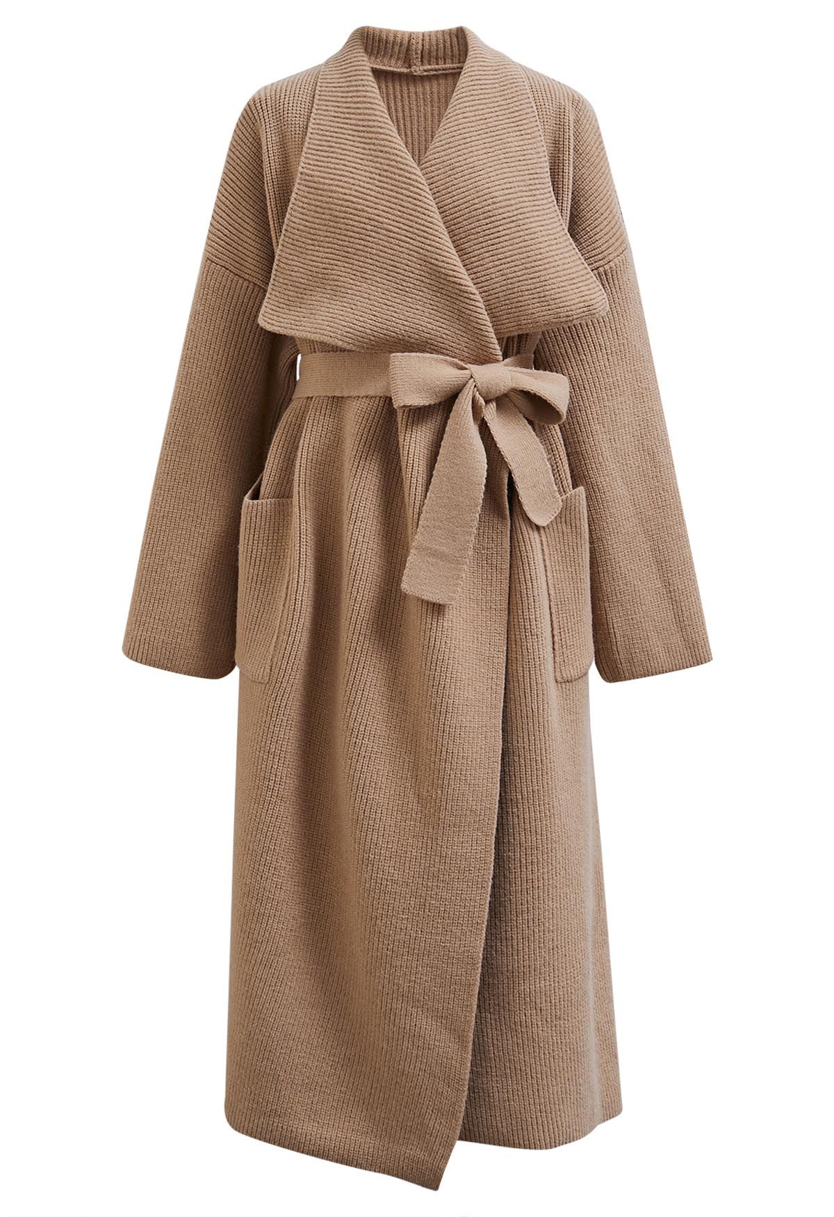 Wide Lapel Tie Waist Longline Knit Cardigan in Camel