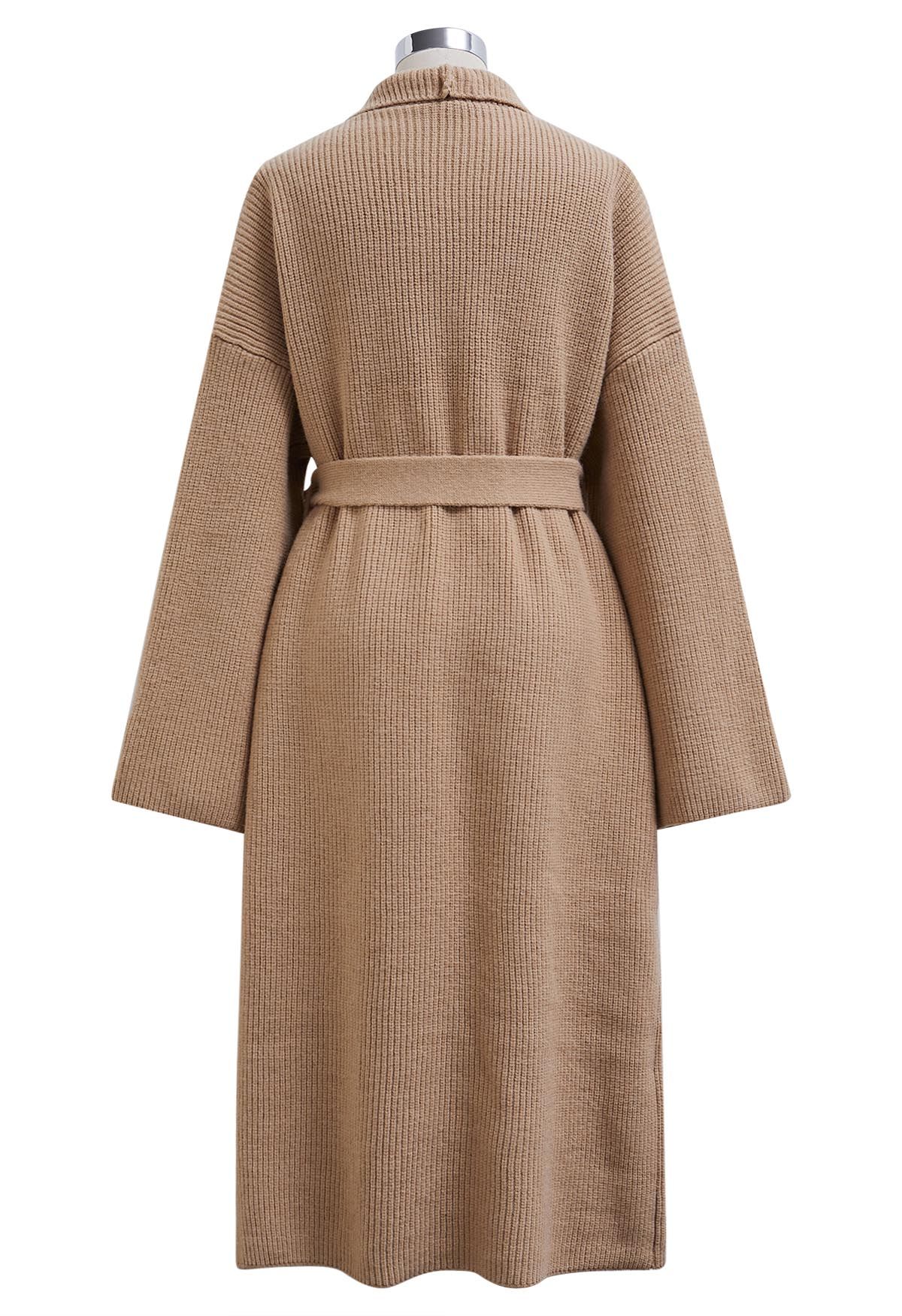 Wide Lapel Tie Waist Longline Knit Cardigan in Camel