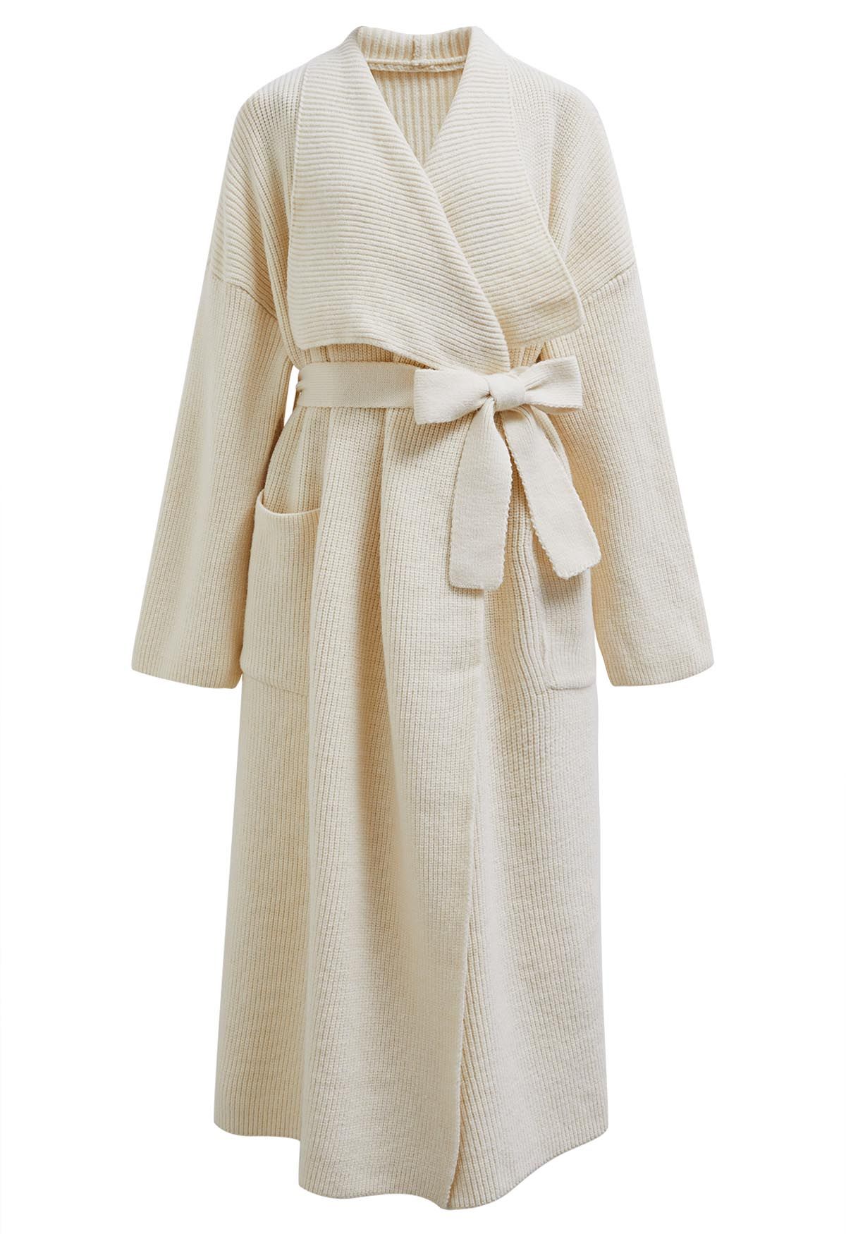 Wide Lapel Tie Waist Longline Knit Cardigan in Cream