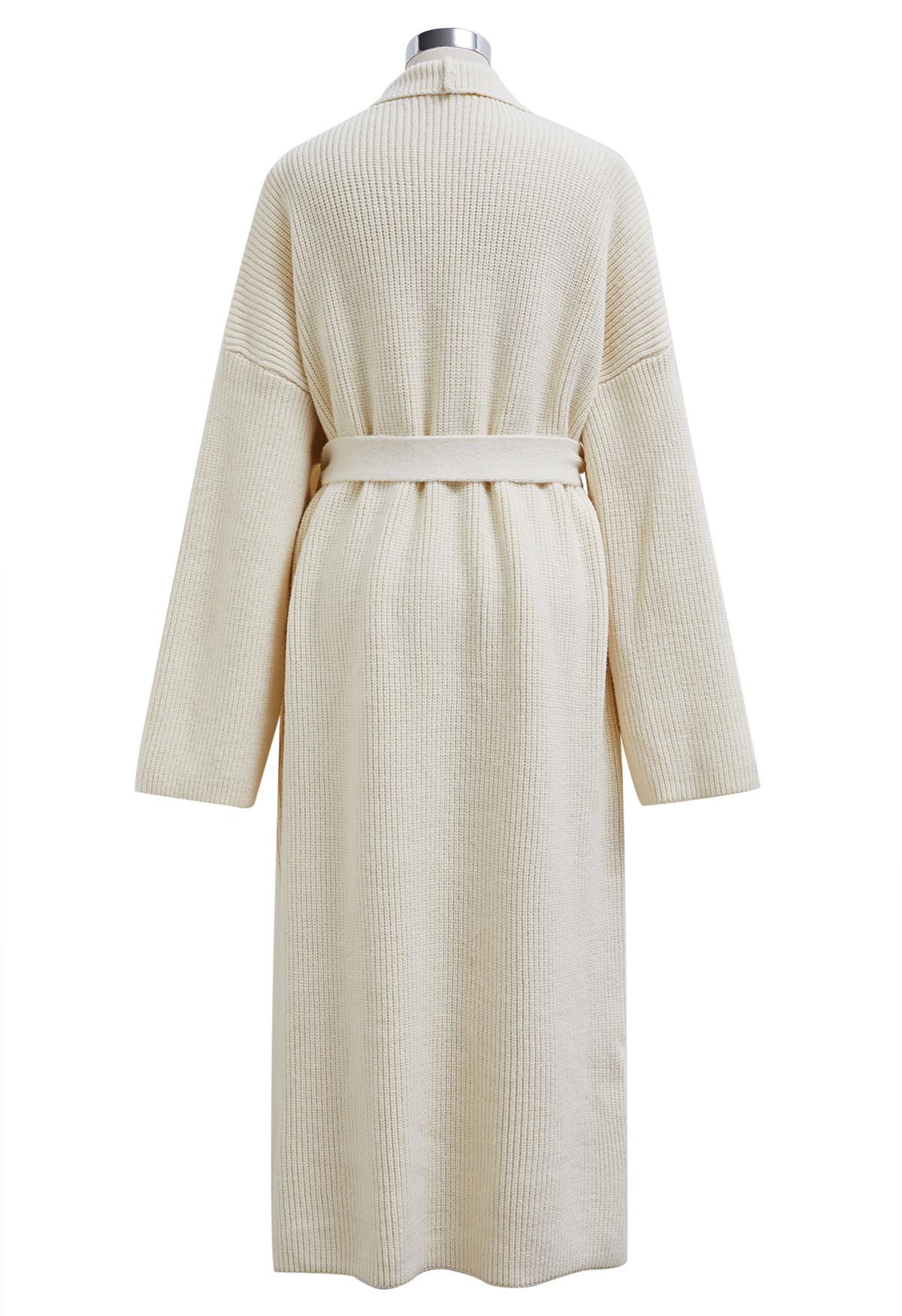 Wide Lapel Tie Waist Longline Knit Cardigan in Cream