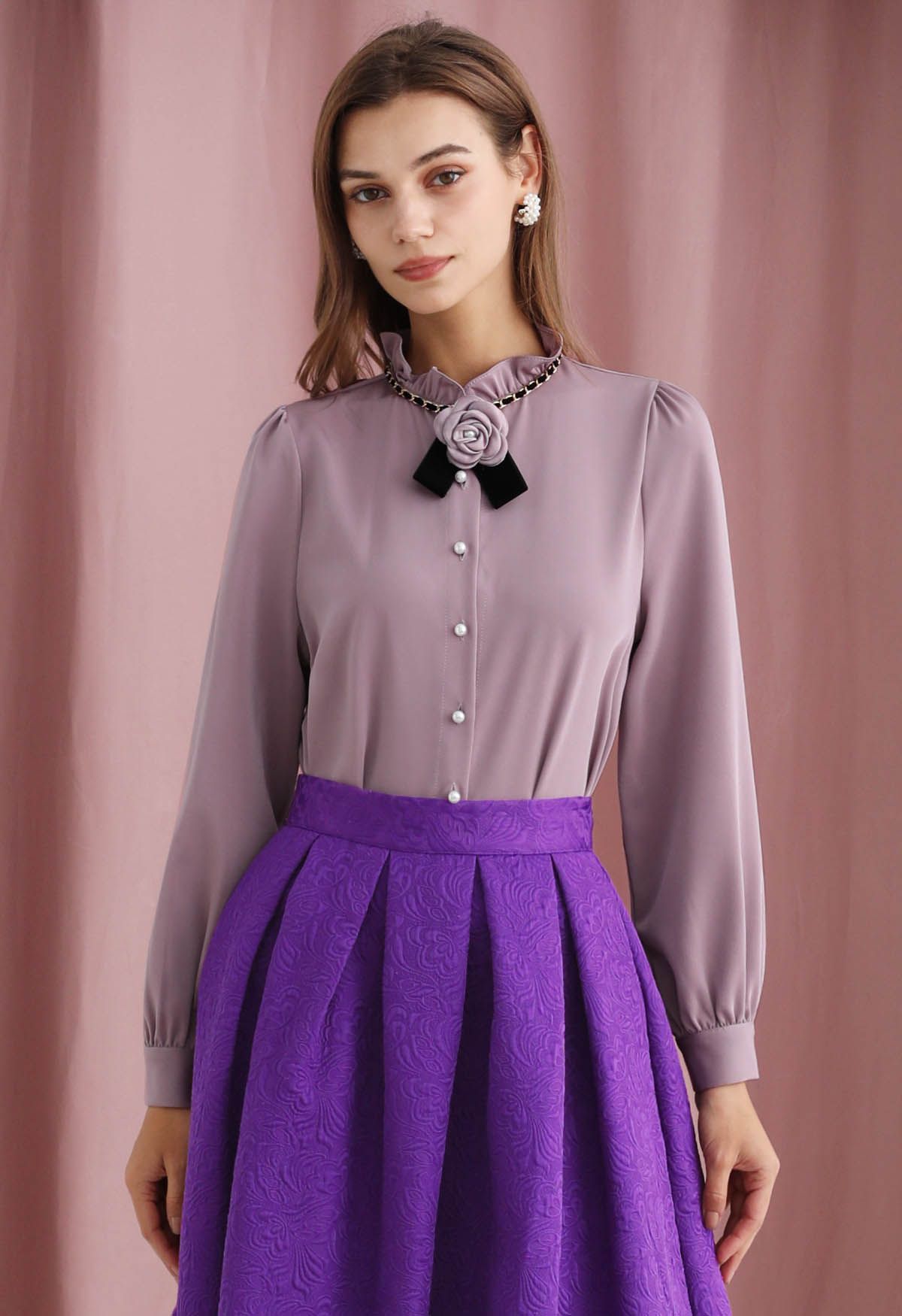 RUFFLED BLOUSE WITH TIE - Purple