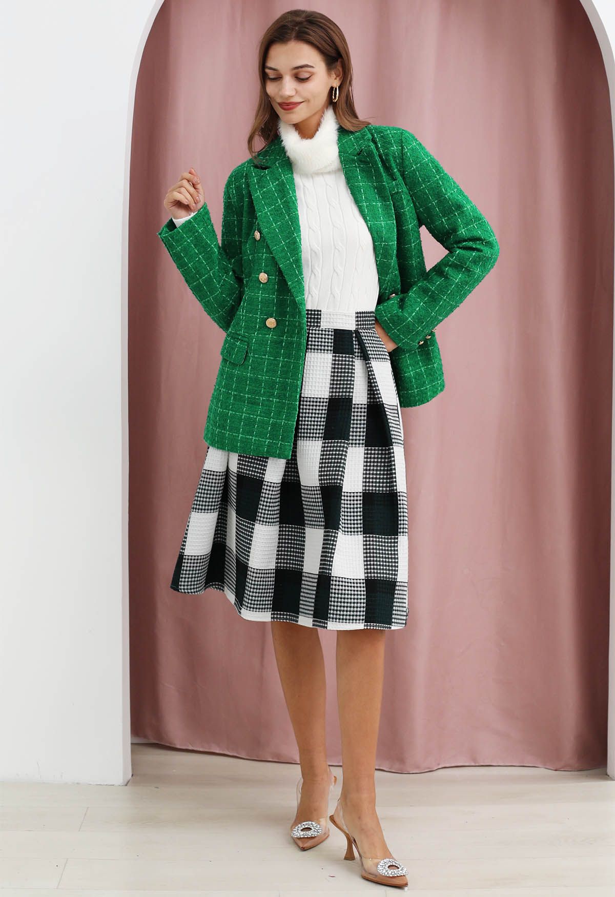 Check Tweed Double-Breasted Blazer in Green