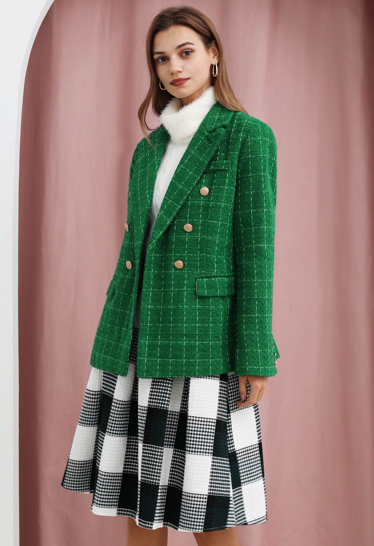 Check Tweed Double-Breasted Blazer in Green - Retro, Indie and Unique ...