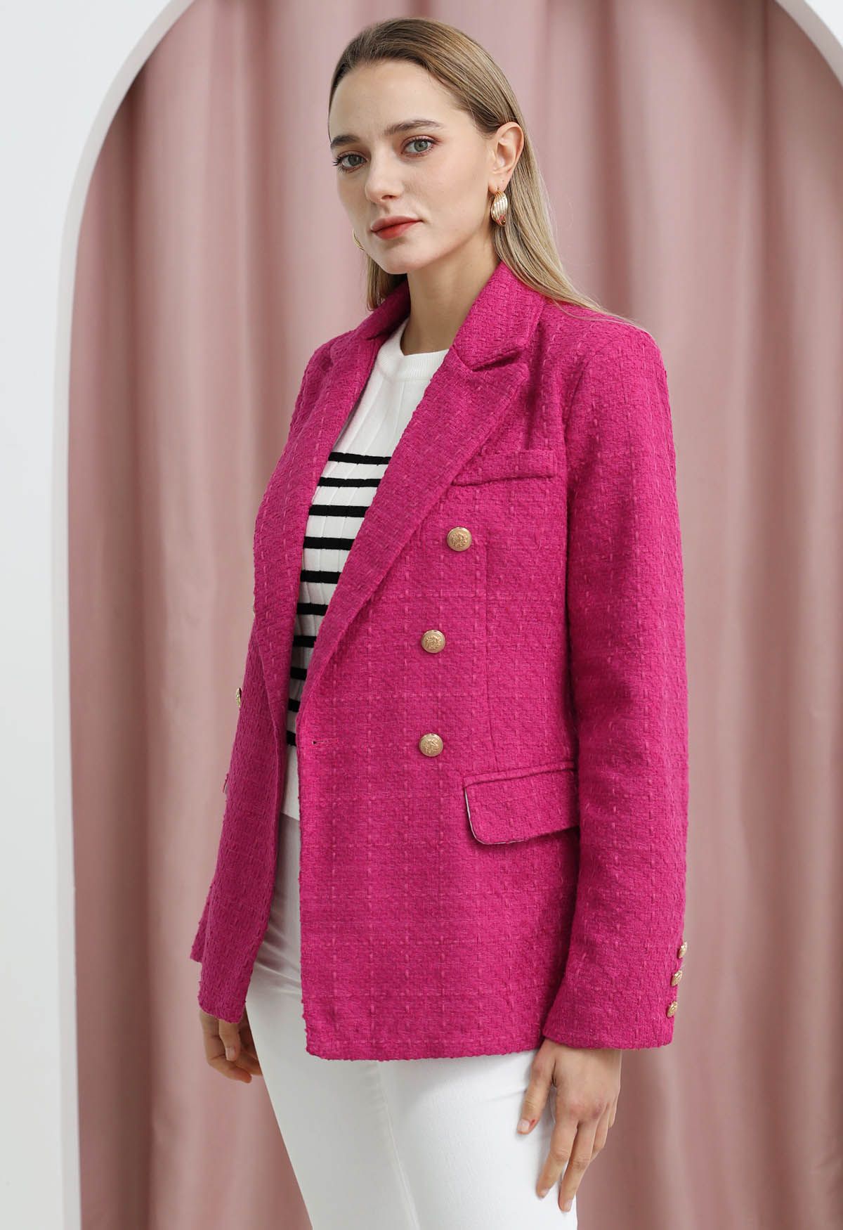 Check Tweed Double-Breasted Blazer in Hot Pink - Retro, Indie and ...