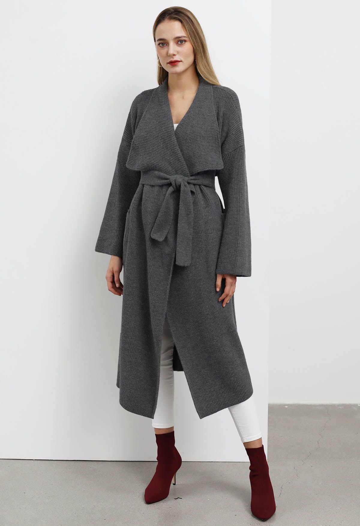 Wide Lapel Tie Waist Longline Knit Cardigan in Smoke