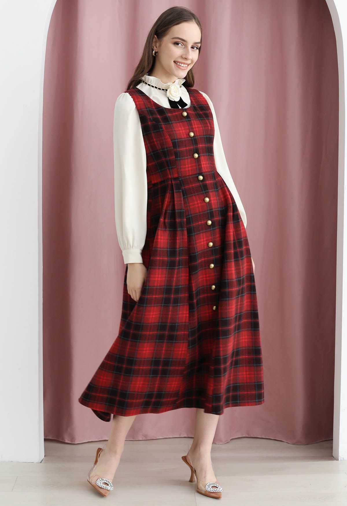 Red Tartan Golden Button Wool-Blend Sleeveless Dress