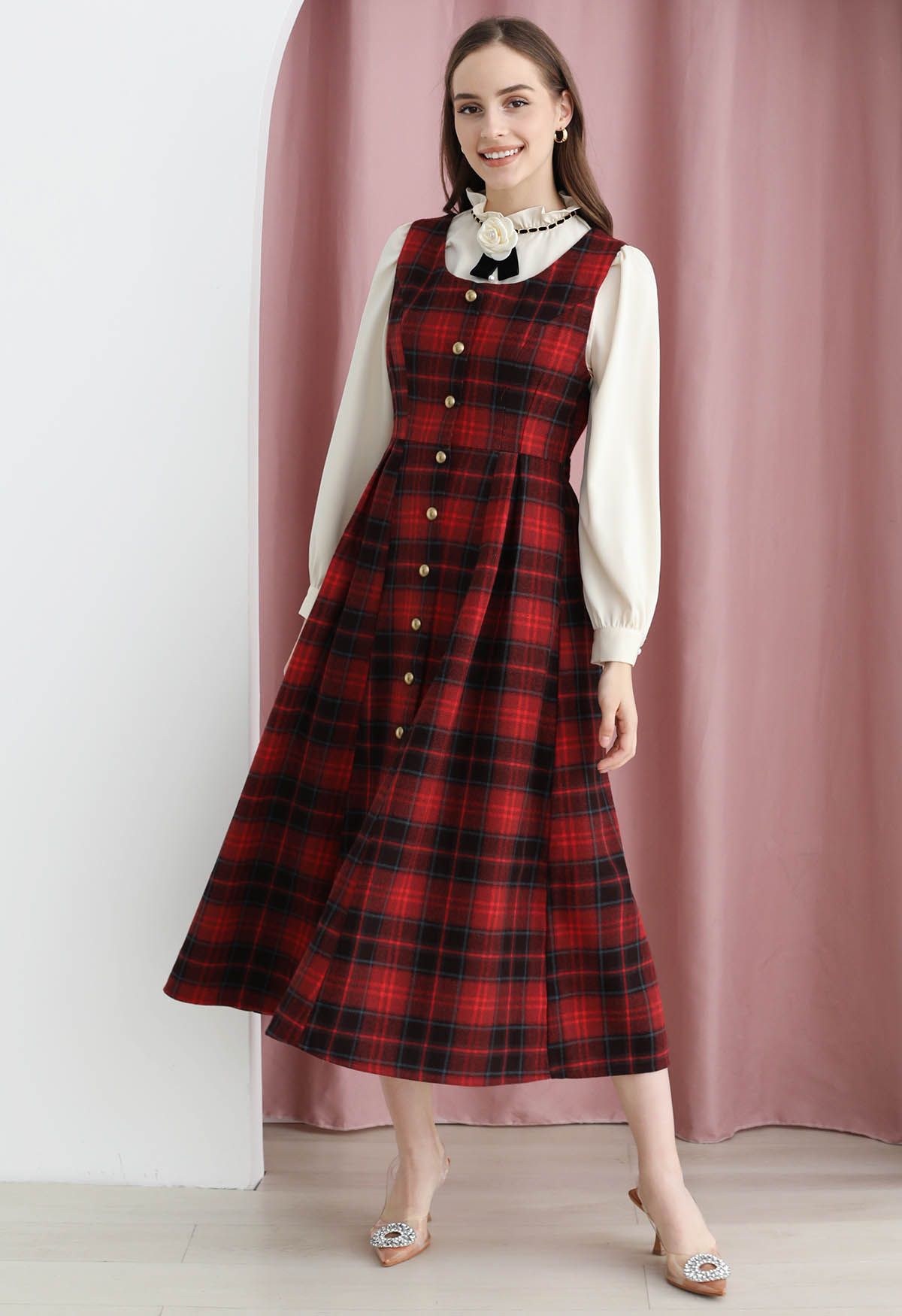 Red Tartan Golden Button Wool-Blend Sleeveless Dress