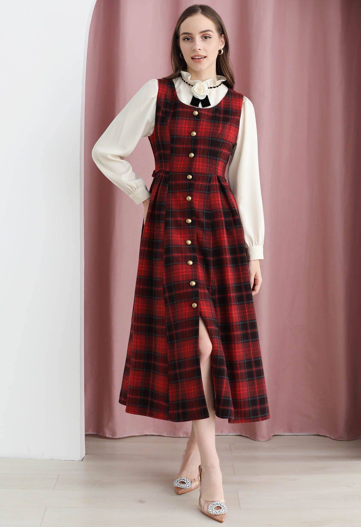 Red Tartan Golden Button Wool-Blend Sleeveless Dress