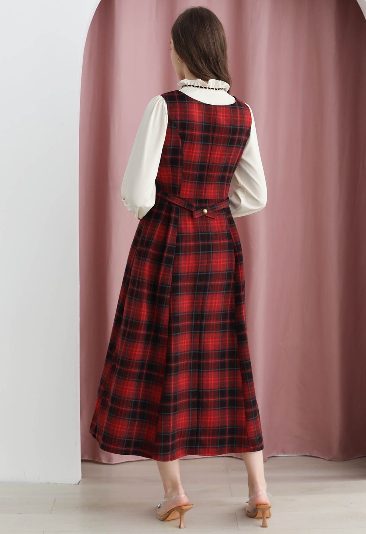 Red Tartan Golden Button Wool-Blend Sleeveless Dress